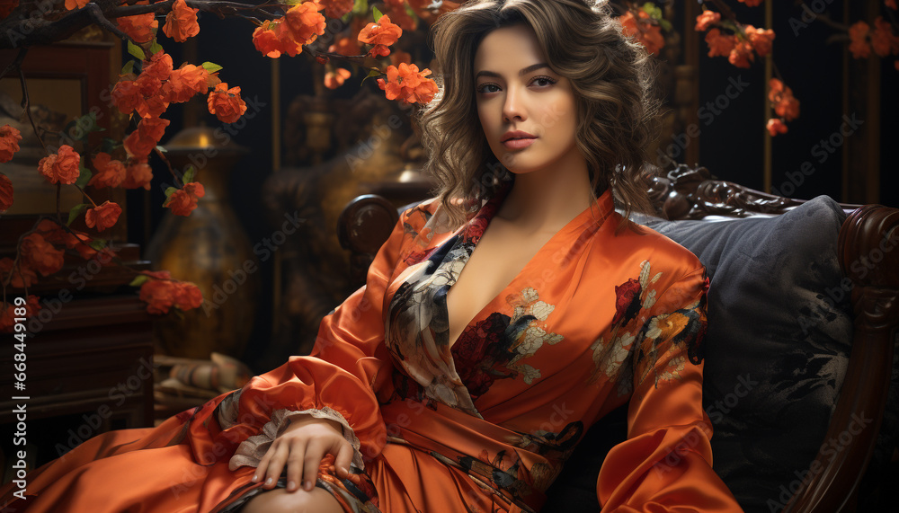 One beautiful woman in traditional dress, looking at camera generated by AI