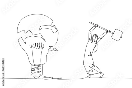 Single continuous line drawing Arabian businessman preparing to hit a big lightbulb. The thrashing anger. Failed to secure a brilliant business idea. Destruction. One line design vector illustration