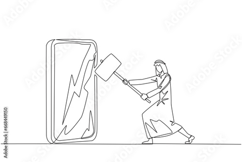Continuous one line drawing Arabian businessman preparing to hit big smartphone. Technology can destructive if not use properly. Intelligence is required. Single line draw design vector illustration