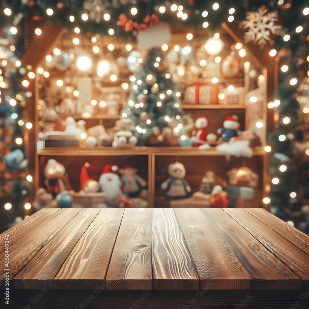 Empty wood table and Christmas background. product display template.