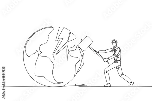 Continuous one line drawing businessman preparing to hit the big globe. Disappointed with the world. Businesses fall apart before it grow. Deepest anger. Single line draw design vector illustration