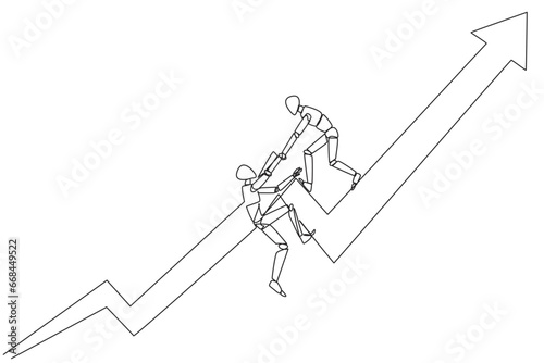 Single continuous line drawing smart robotic helps colleague to climbs the big rising arrow symbol. Help each other to achieve satisfactory targets. Grow together. One line design vector illustration