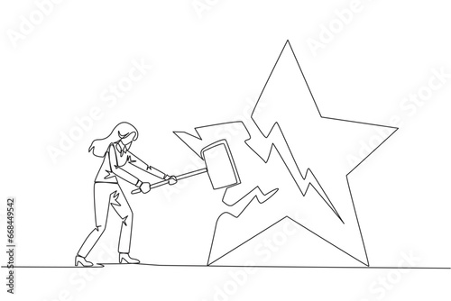 Single continuous line drawing businesswoman preparing to hit big star. Rampage. The destroyer of dream. Failed to get the best career position. Anger overflowed. One line design vector illustration