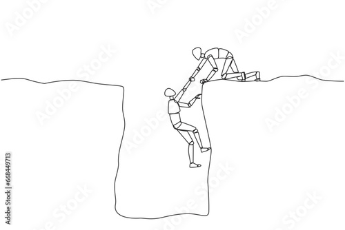 Single one line drawing smart robotic helps colleague climbing a wide hole. Teamwork helps colleague who fallen. Inviting success together. Cohesive AI. Continuous line design graphic illustration