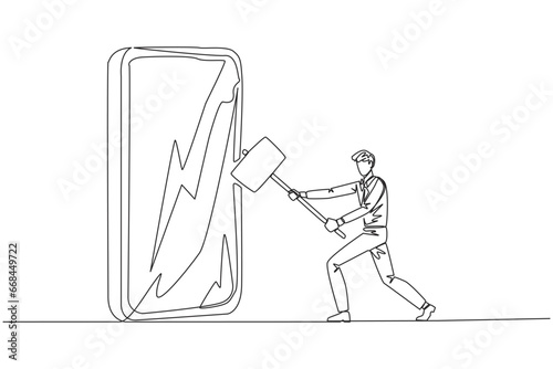 Continuous one line drawing businessman preparing to hit big smartphone. Rampage. Technology can destructive if not use properly. Intelligence is required. Single line draw design vector illustration