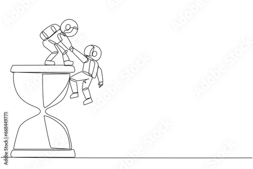 Continuous one line drawing young astronaut helps colleague climb big hourglass. Have many assignment deadlines. Sharing with colleague will become easier. Single line draw design vector illustration