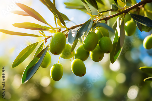 Green olives on branch, close up