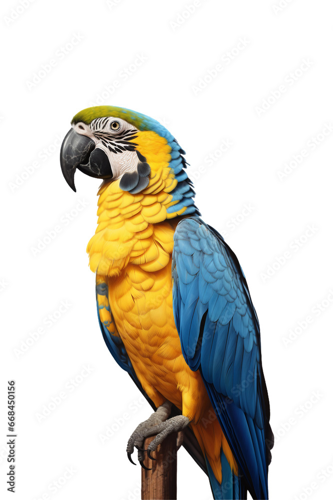  colorful blue and yellow macaw perched on a tree branch isolated on a transparent background. Generative AI