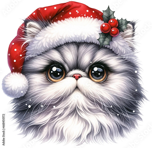 Cute Christmas Persian catwearing a Santa Hat - soft watercolor