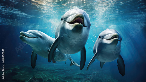 Dolphins with gleaming eyes emerging from deep ocean waves in unity