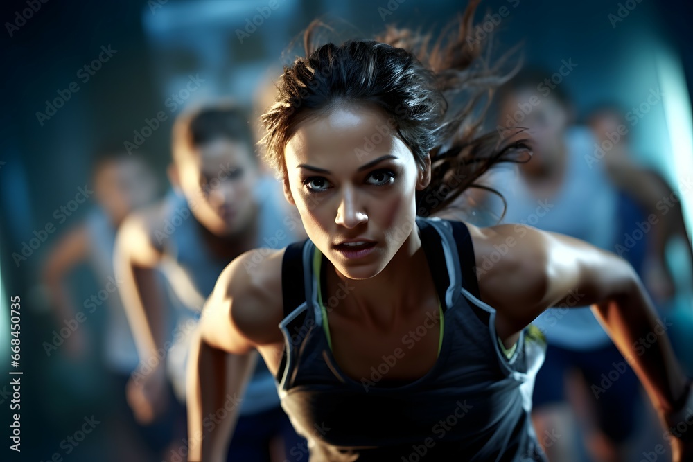 Naklejka premium a woman leading a group excercise in the gym