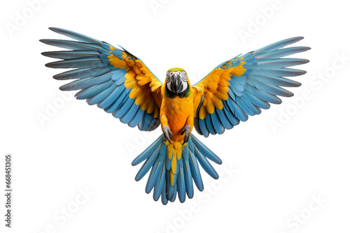 colorful blue and yellow macaw flying beautifully isolated on a transparent background. Generative AI