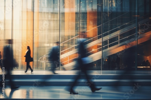Blurred business people walking up and down stair outside office in fast movement