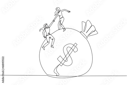 Single one line drawing businesswoman helps colleague to climb money bag. Collaborate to gain mutual benefits. Stronger together. Great teamwork. Cohesive. Continuous line design graphic illustration