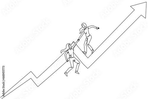 Single continuous line drawing businesswoman helps colleague to climb the rising arrow symbol. Help each other to achieve satisfactory targets. Grow together. One line design vector illustration