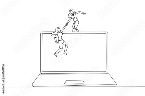 Continuous one line drawing businesswoman helping colleague to climb a laptop computer. Help create applications to develop business online. Great teamwork. Single line draw design vector illustration
