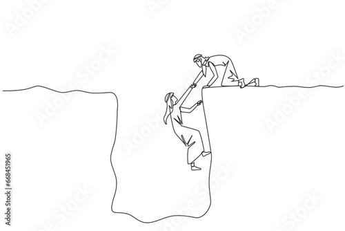 Continuous one line drawing Arabian businessman helps colleague climb a wide hole. Teamwork helps colleague who fallen. Inviting success together. Cohesive. Single line draw design vector illustration photo