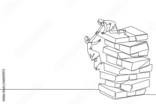 Continuous one line drawing Arabian businesswoman helps colleague climb a pile of banknotes. Contagious success. Share tips for success. Teamwork bonus. Single line draw design vector illustration