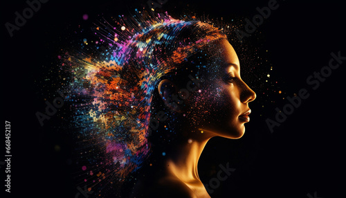 Young adult woman sensuality illuminated in abstract glowing colors generated by AI