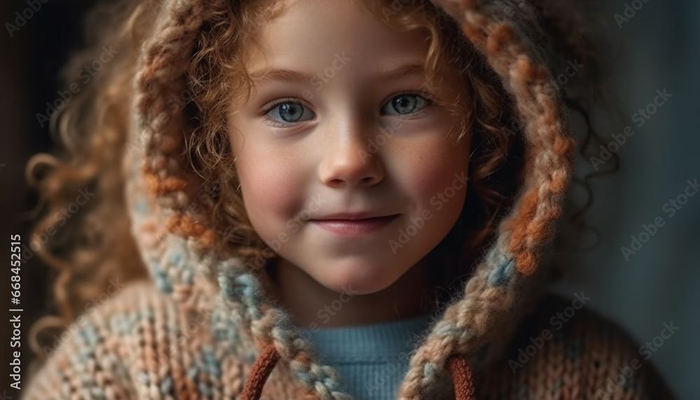 Cute smiling portrait of one cheerful Caucasian girl playing outdoors generated by AI