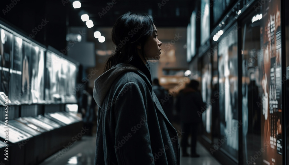 Young adult woman walking in illuminated city subway station generated by AI