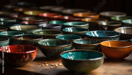 Multi colored earthenware pottery bowl with ornate decoration and terracotta pattern generated by AI