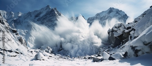 Winter mountain avalanche with rocks photo