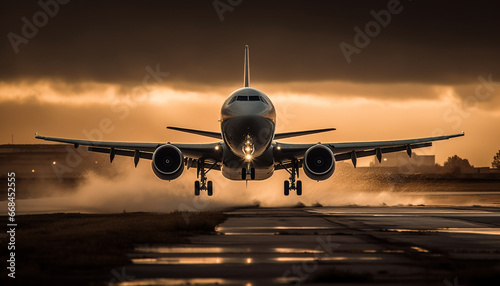 Flying commercial airplane taking off at dusk with aircraft wing speed generated by AI