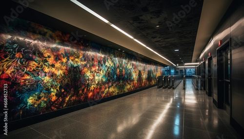 Abstract modern design illuminates vibrant subway station with futuristic technology generated by AI