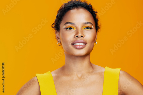 Woman beauty make-up smile portrait black creative beautiful african yellow cosmetic face colourful
