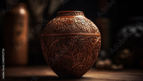 Antique earthenware jar, ornate pottery design, rustic wood table background generated by AI
