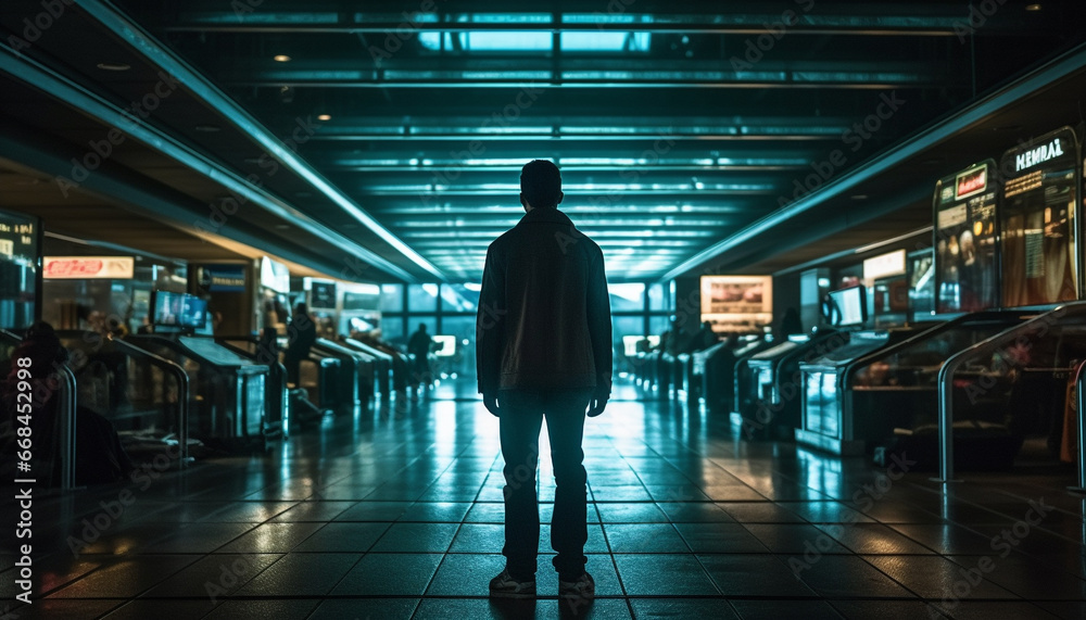 Modern businessman rushing through illuminated subway station flooring at night generated by AI