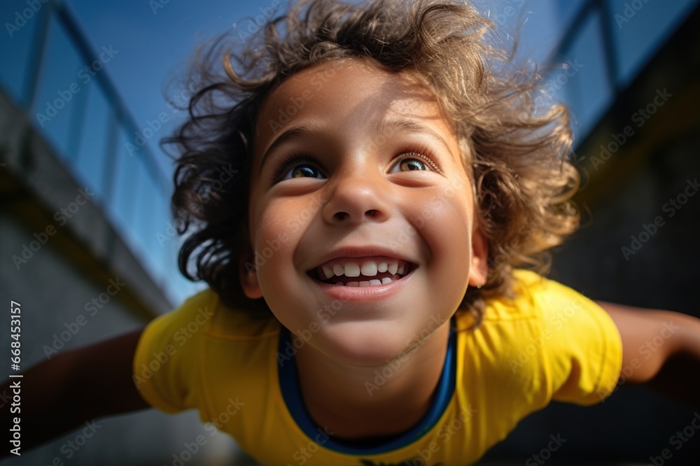 portrait of a child looking at camera and smiling. Low angle portrait of a child looking at camera and smiling. Low angle