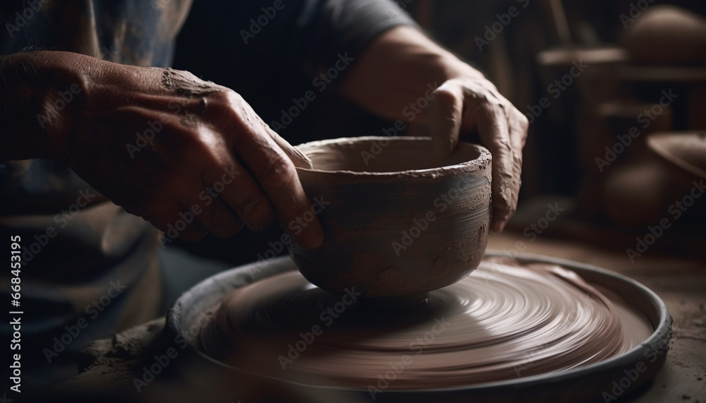 Craftsperson turning wet clay on pottery wheel, creating handmade vase generated by AI Craftsperson turning wet clay on pottery wheel, creating handmade vase generated by AI