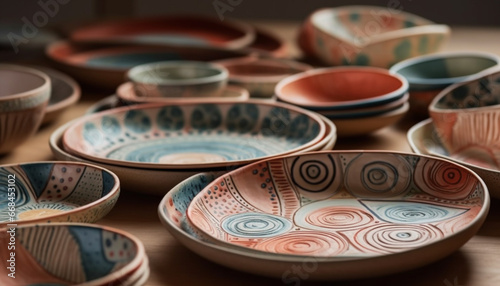 Multi colored pottery bowl with ornate pattern decoration, homemade craft product generated by AI