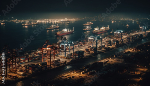 Container ship unloading cargo at illuminated commercial dock at dusk generated by AI