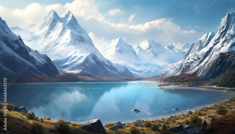 Majestic mountain range reflects tranquil beauty of nature adventure generated by AI