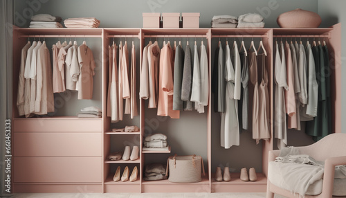 Modern fashion collection hanging in clean, elegant bedroom closet generated by AI © Stockgiu