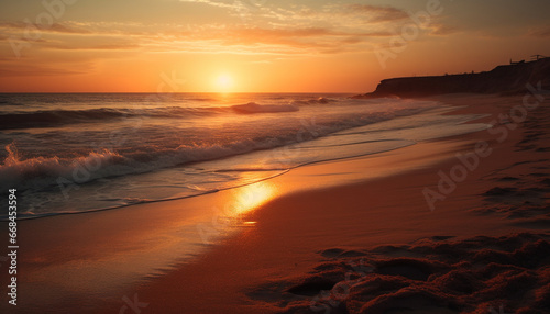 Sunset over tranquil coastline  waves crash on sandy beach generated by AI