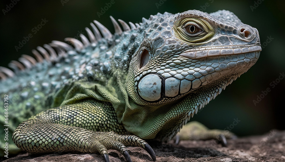 A green lizard crawls on a branch, looking at camera generated by AI A green lizard crawls on a branch, looking at camera generated by AI