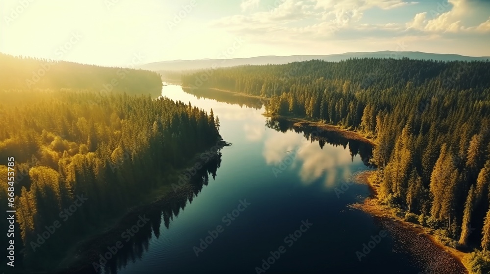 ［AI生成画像］綺麗な川と森、夕方、日没20