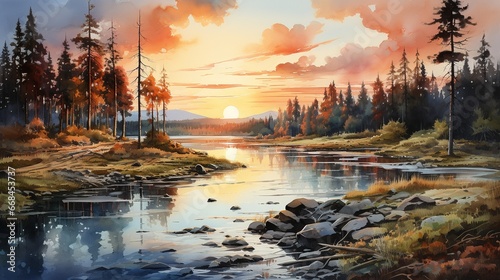 ［AI生成画像］綺麗な川と森、夕方、日没11