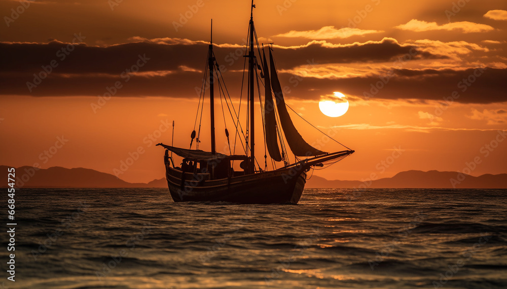 Sailboat sails on tranquil water, embracing nature beauty at dusk generated by AI