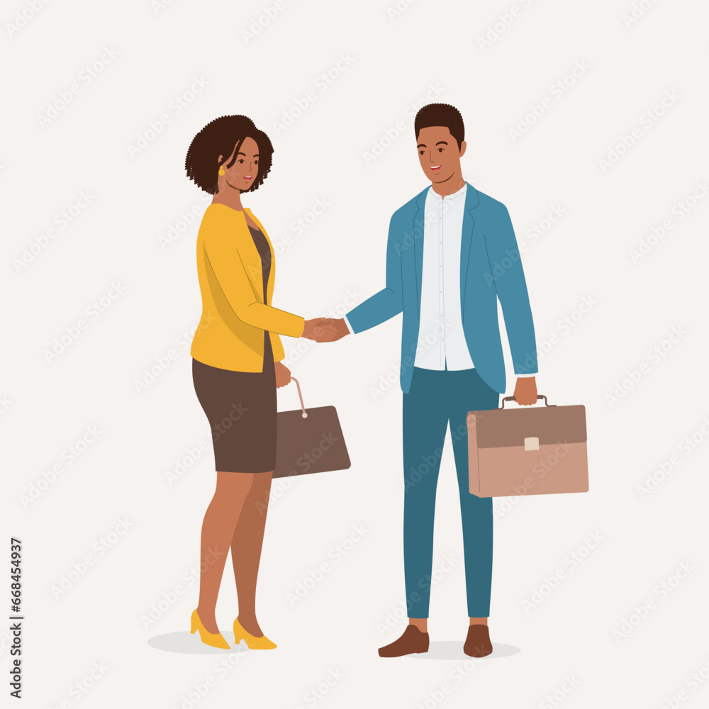 Side View Of Smiling Black Businessman And Businesswoman Shaking Hands. Full Length.