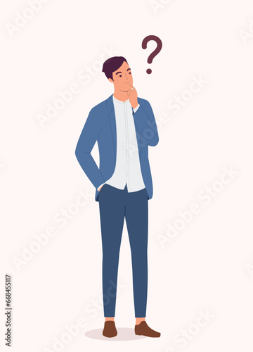 One Curious Businessman Standing And Thinking Question With His Hand On Chin. Full Length.