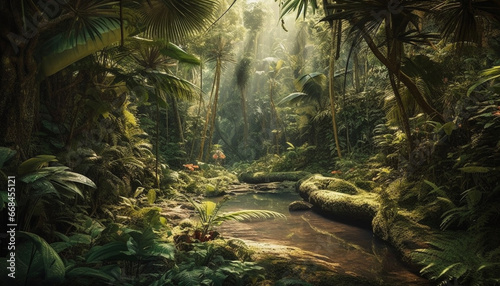 Tranquil rainforest adventure lush green foliage, tropical climate, exotic animals generated by AI