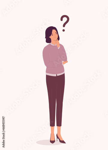 One Curious Businesswoman Standing And Thinking Question With Her Hand On Chin. Full Length.