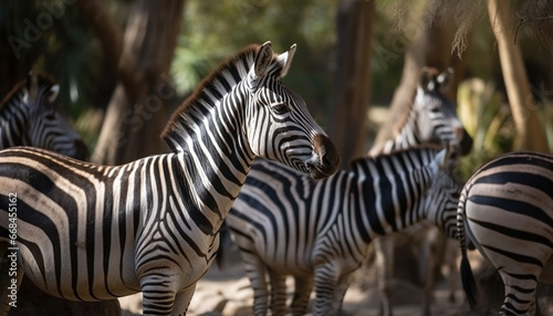 A large herd of striped zebras walking in the African savannah generated by AI