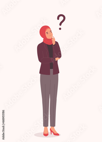 One Curious Muslim Businesswoman Standing And Thinking Question With Her Hand On Chin. Full Length.