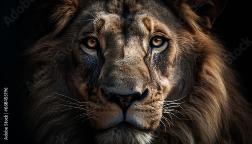 Majestic lion staring at camera  with selective focus on foreground generated by AI